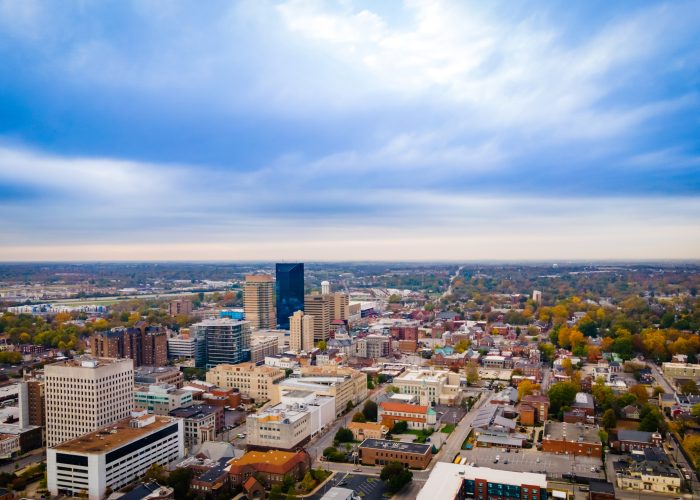 Aerial panorama of downtown Lexington, Kentucky with the busines