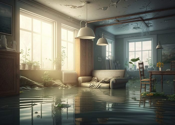 Flooded flat interior. Generative AI.